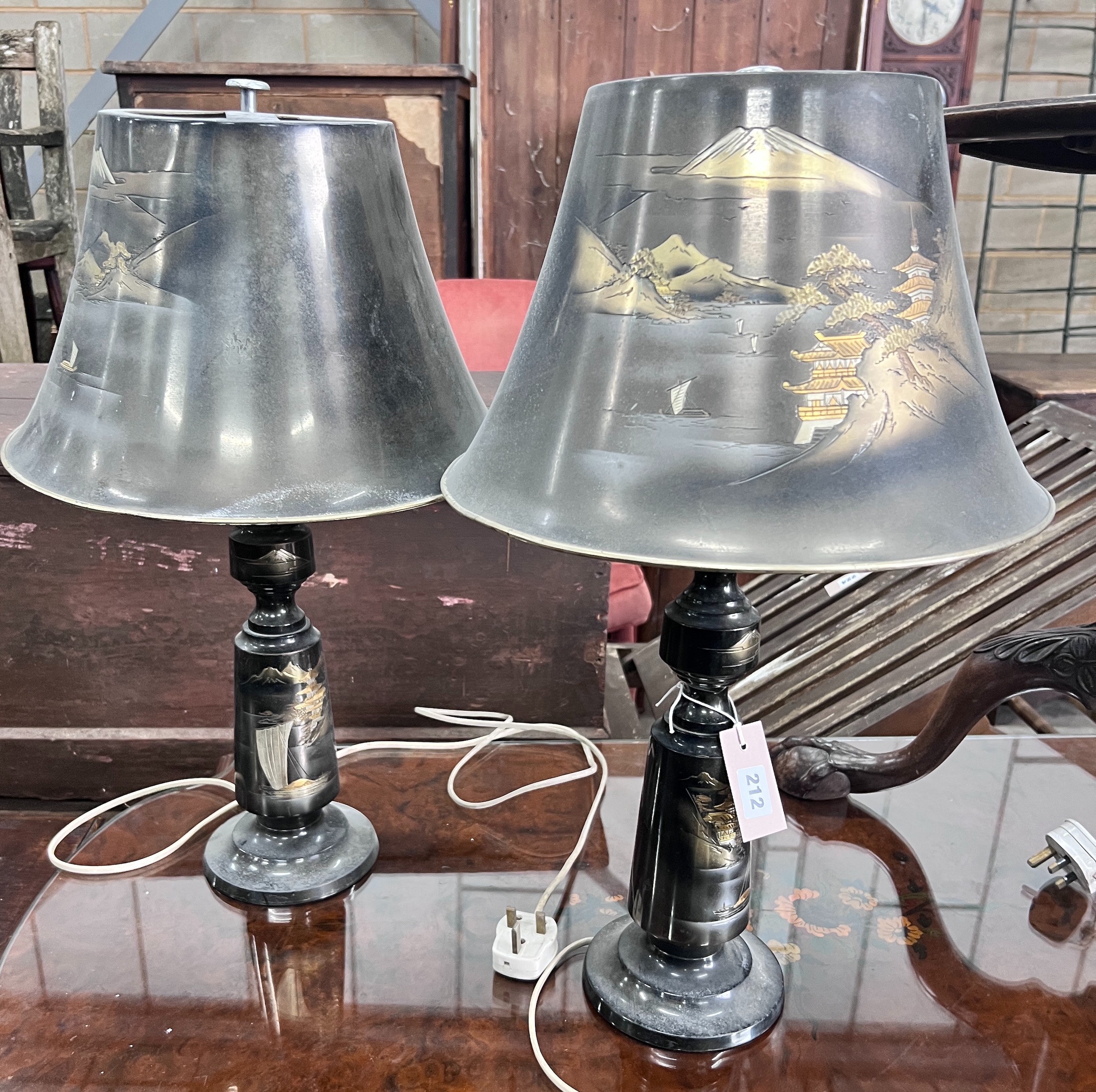 A pair of Japanese decorated metal table lamps, with matching shades, overall height 57cm *Please note the sale commences at 9am.
